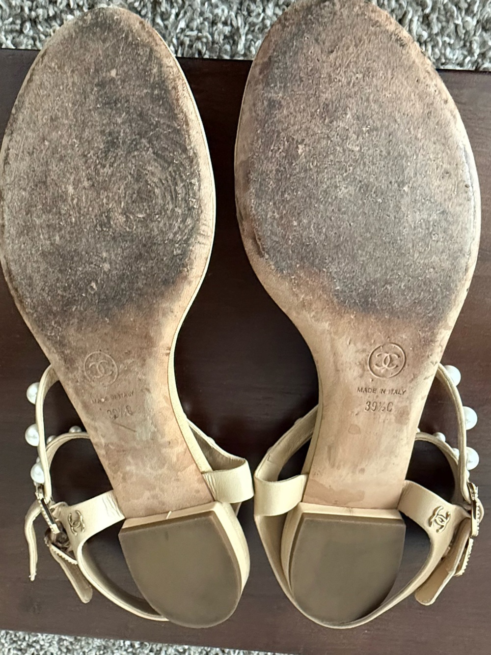 Chanel Nude Pearl-Embellished T-Strap Sandals - Women US9 - Picture 7 of 8